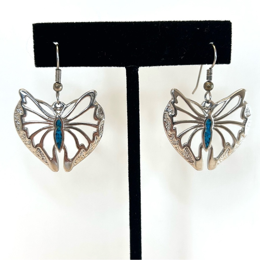 Silver Tone Cut Out Butterfly Dangle Earrings - Picture 13 of 14